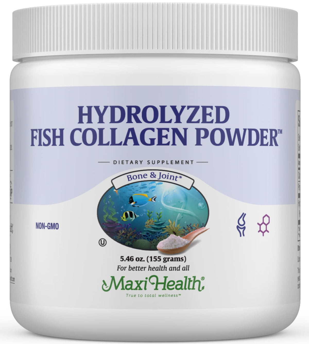 Maxi Health collagen peptides powder bottle showing marine Type I formula for joints and skin support
