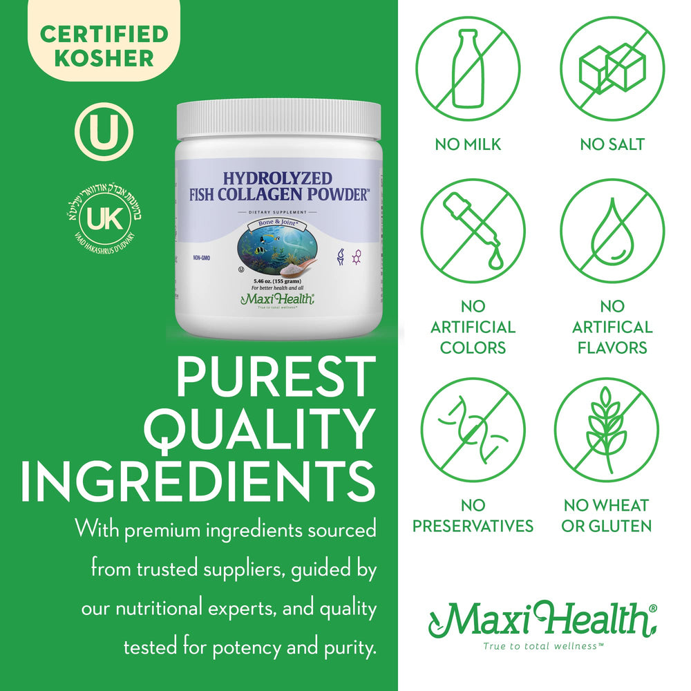 Maxi Health collagen peptides powder ingredient label highlights kosher and allergen-free formula