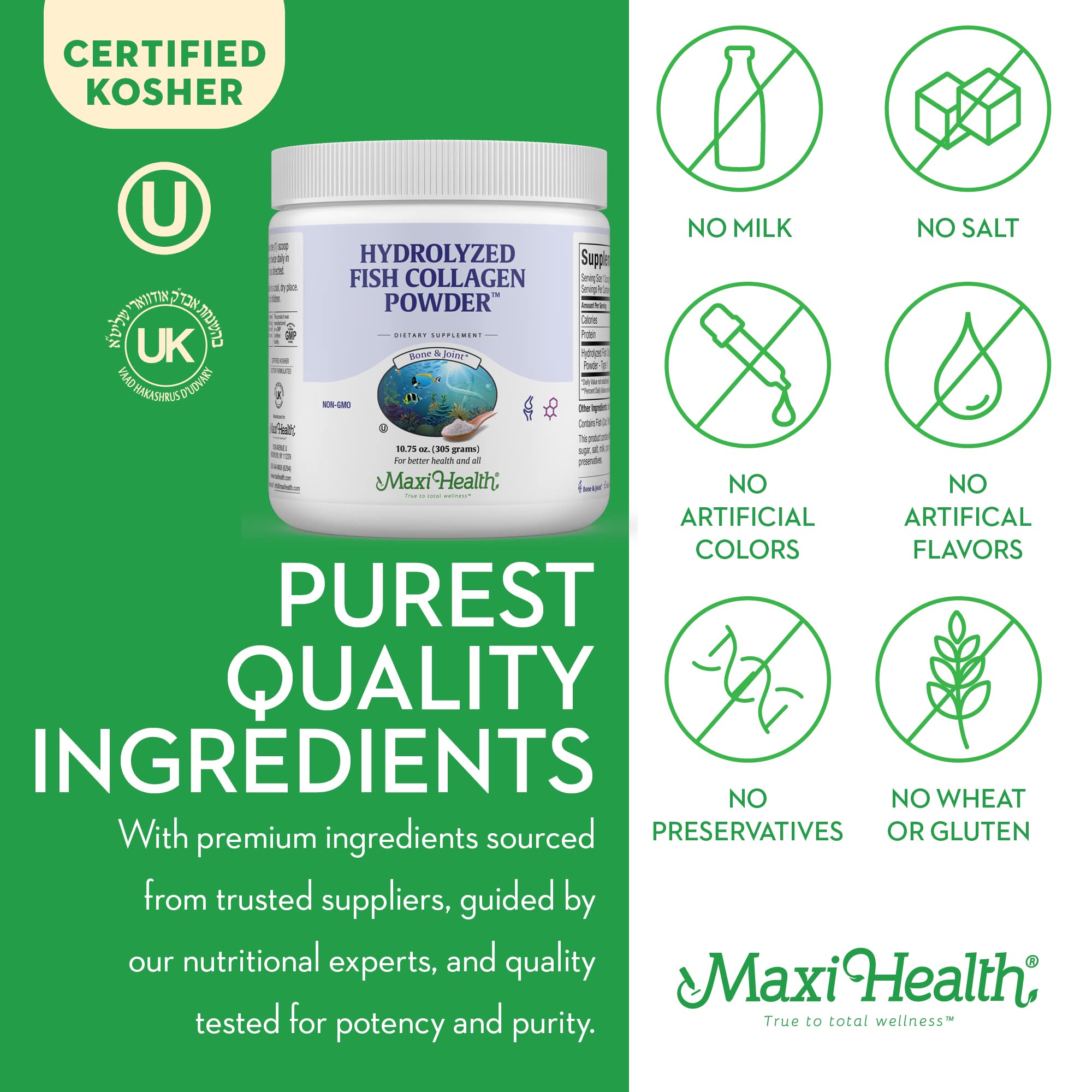 Wild-caught marine source highlighting pure, unflavored collagen from whitefish.