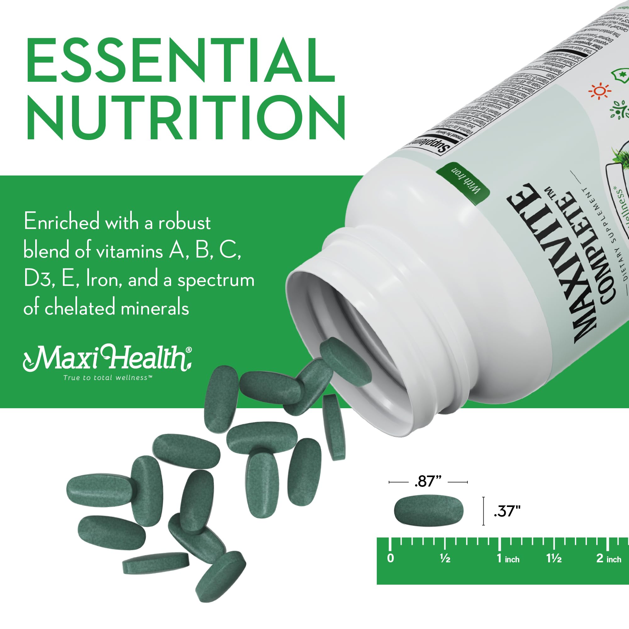 Maxi Health Complete dosage instruction card—one tablet daily with meals.