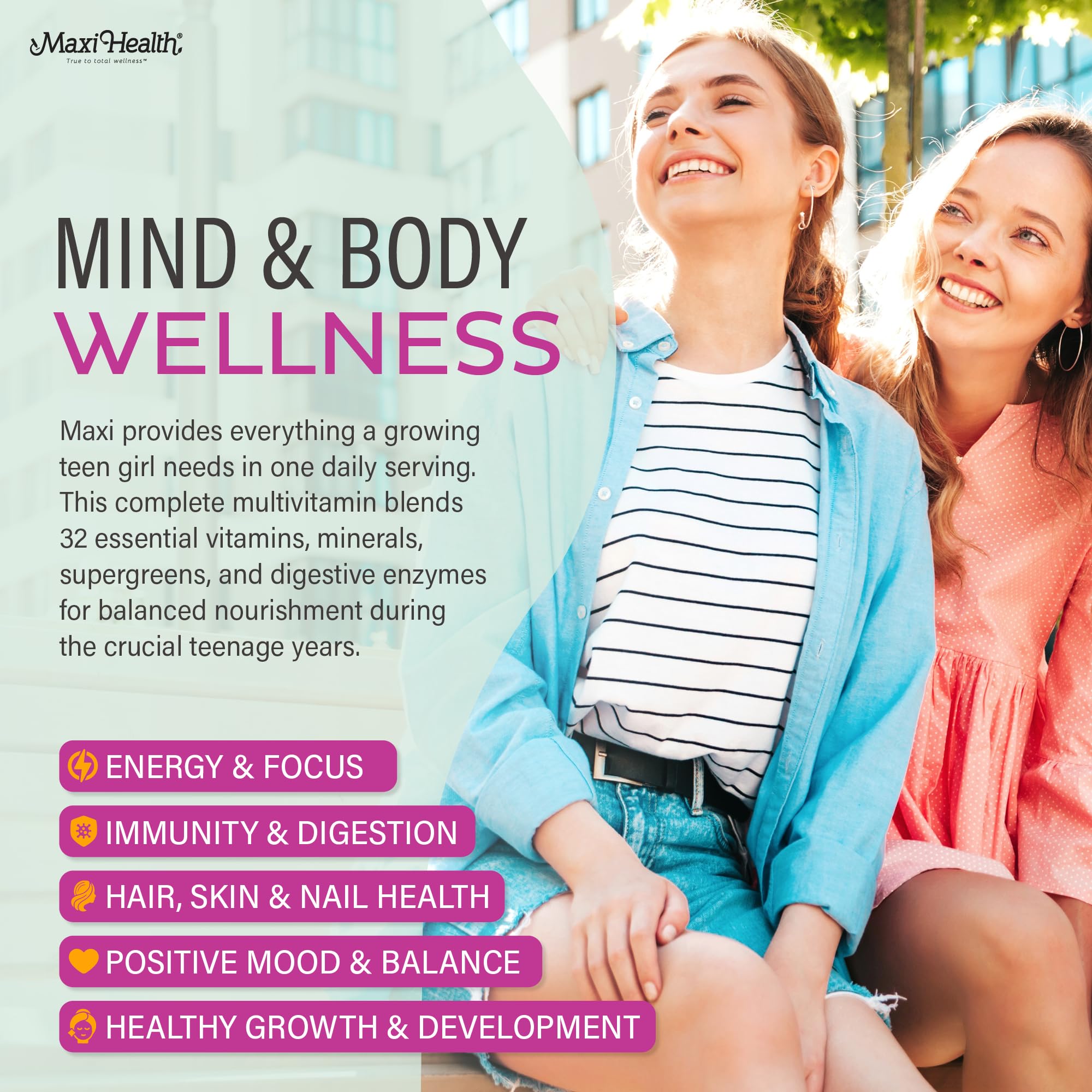 Maxi Health Enzymax digestive enzymes showing improved comfort after meals for teens.