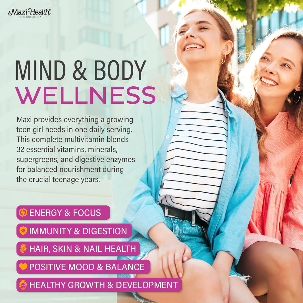 Maxi Health Enzymax digestive enzymes showing improved comfort after meals for teens.