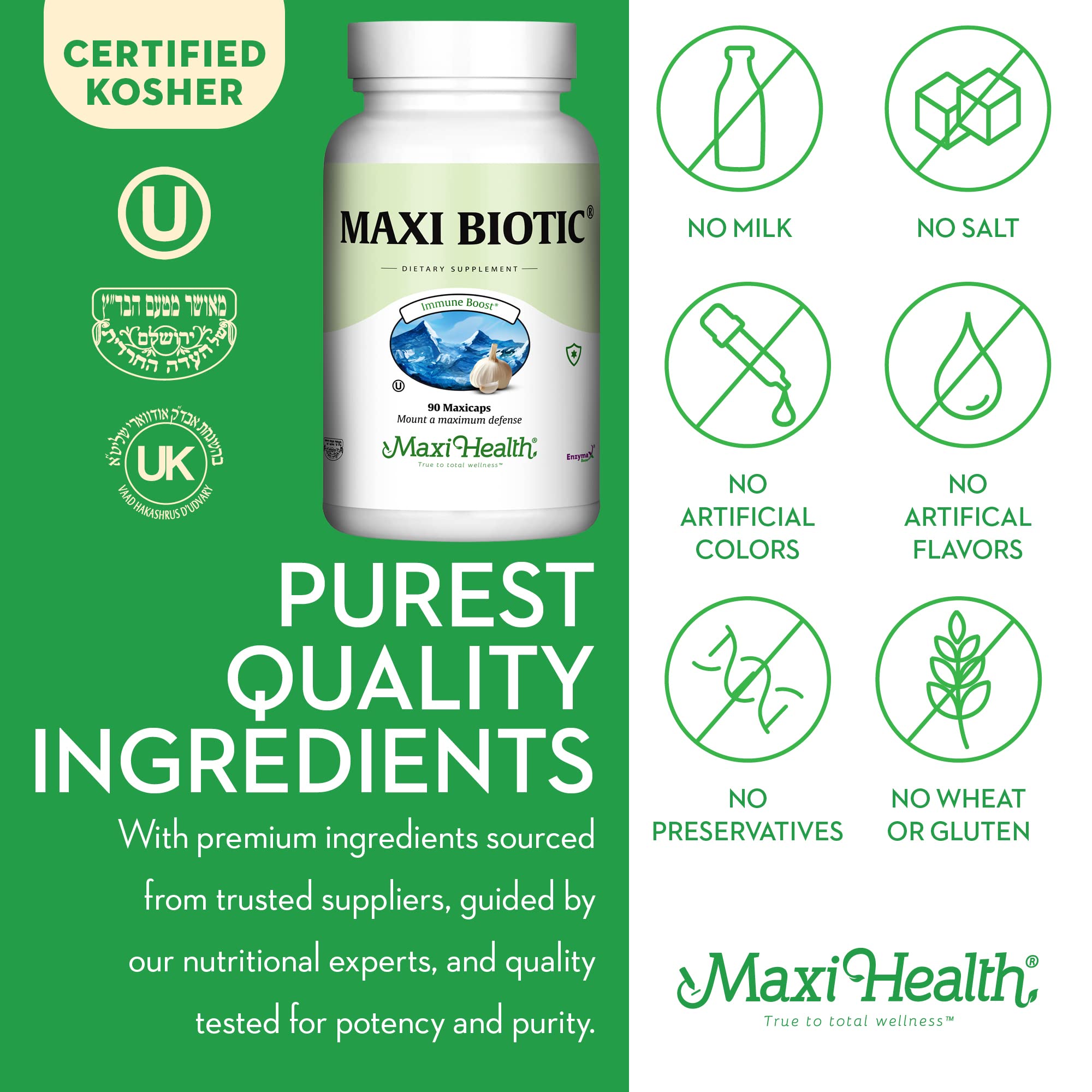 Gluten-free and dairy-free Maxi Health supplement in vegetarian capsules.