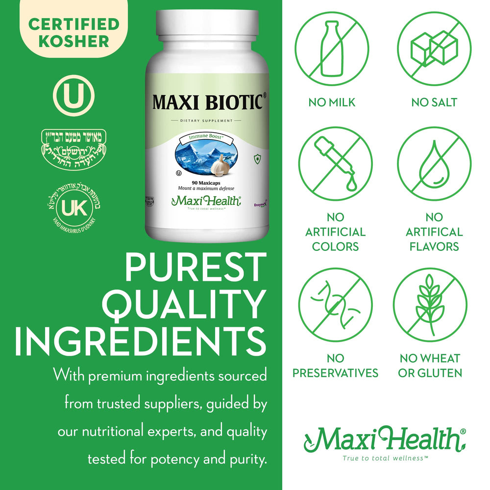 Gluten-free and dairy-free Maxi Health supplement in vegetarian capsules.