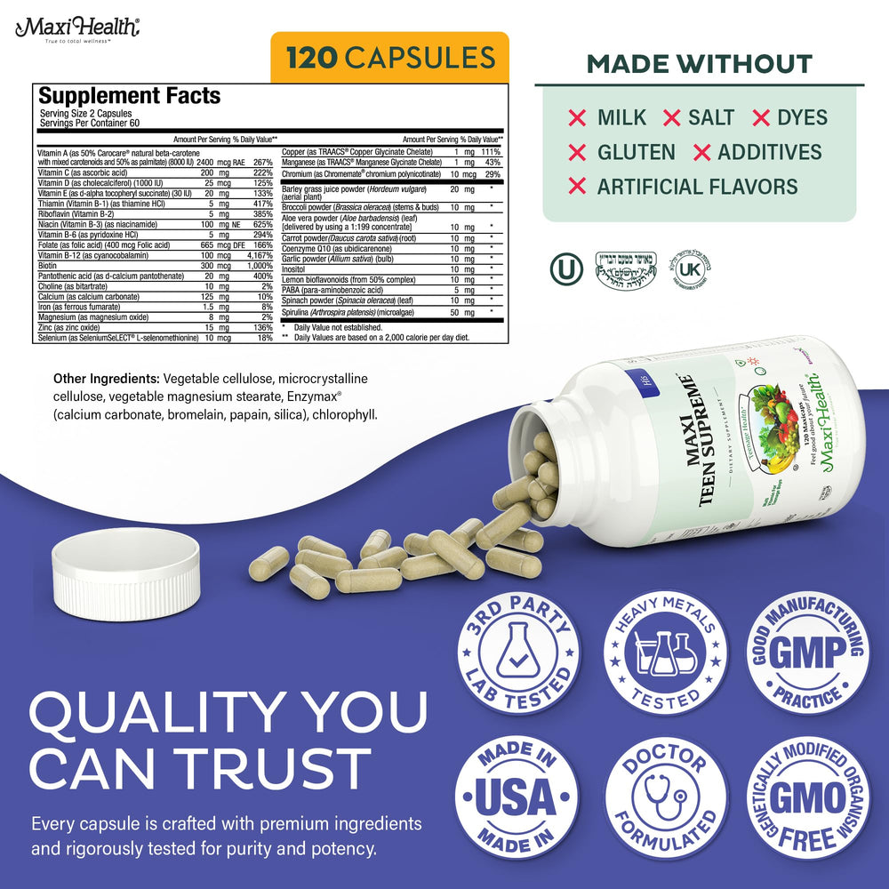 Maxi Health teen formula is kosher, gluten-free and vegetarian-friendly
