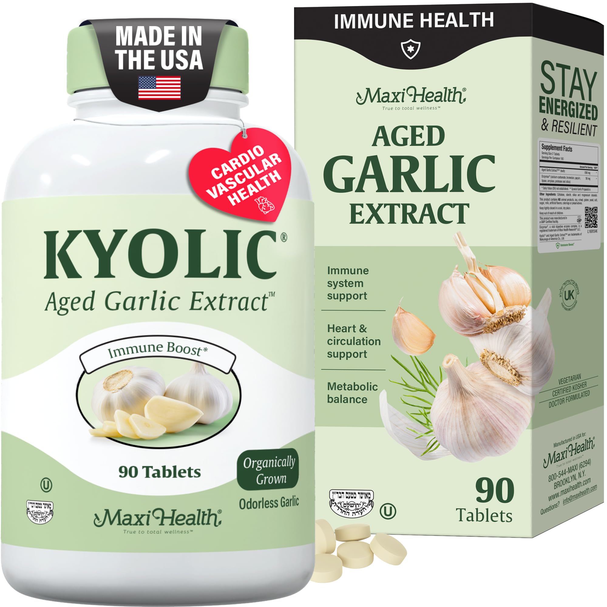 Maxi Health Kyolic Organic Garlic bottle front highlighting immune-support formula.