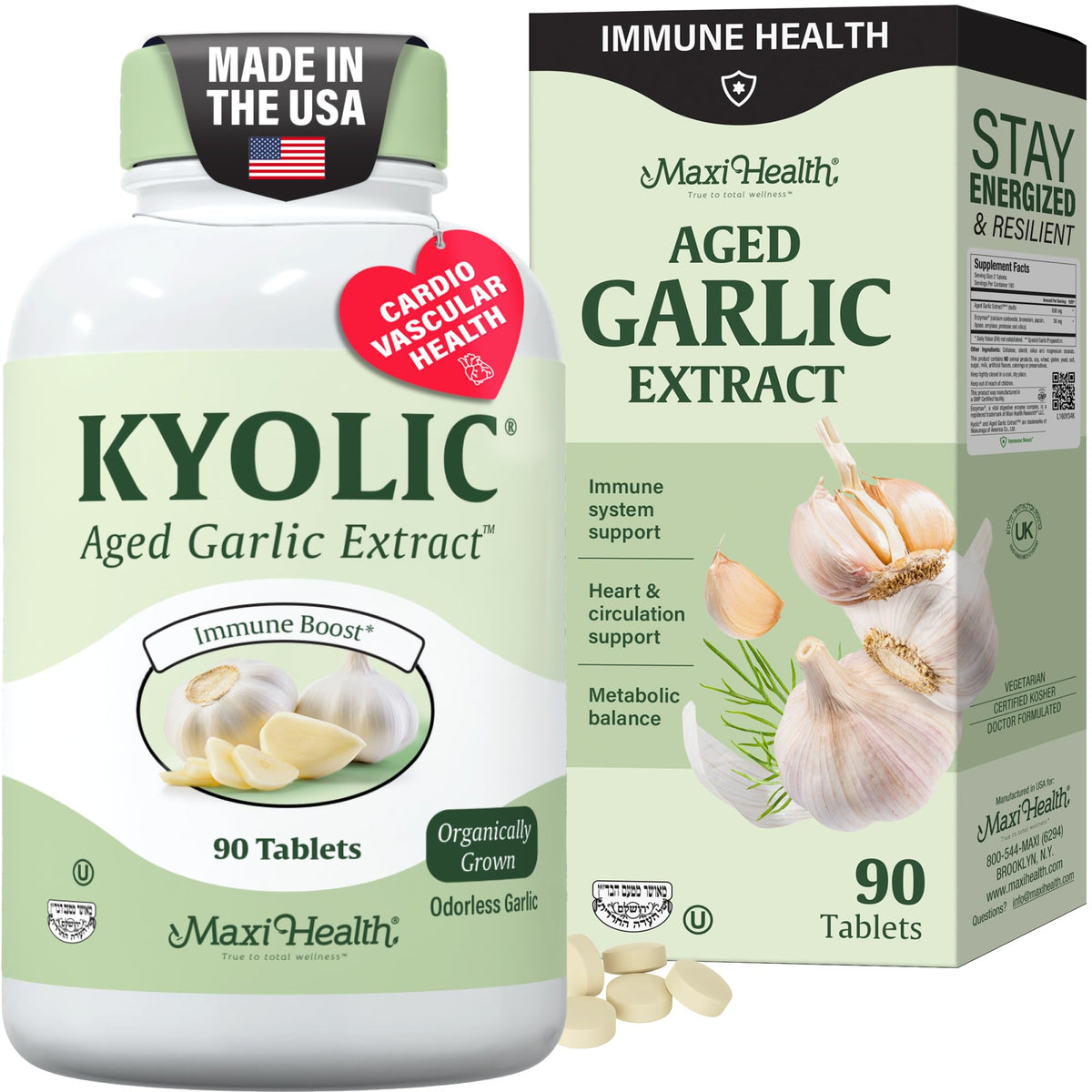 Maxi Health Kyolic Organic Garlic bottle front highlighting immune-support formula.