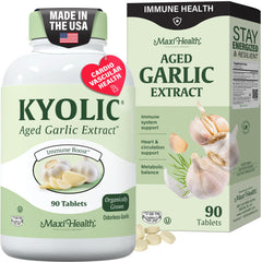 Maxi Health Kyolic Organic Garlic bottle front highlighting immune-support formula.