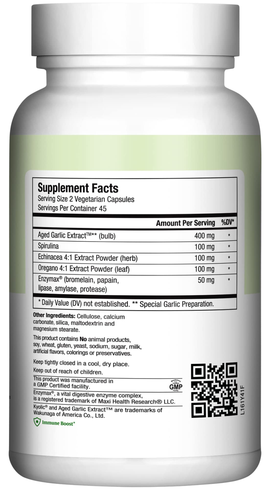 Kyolic garlic capsules with spirulina, echinacea, oregano offering antioxidant protection.