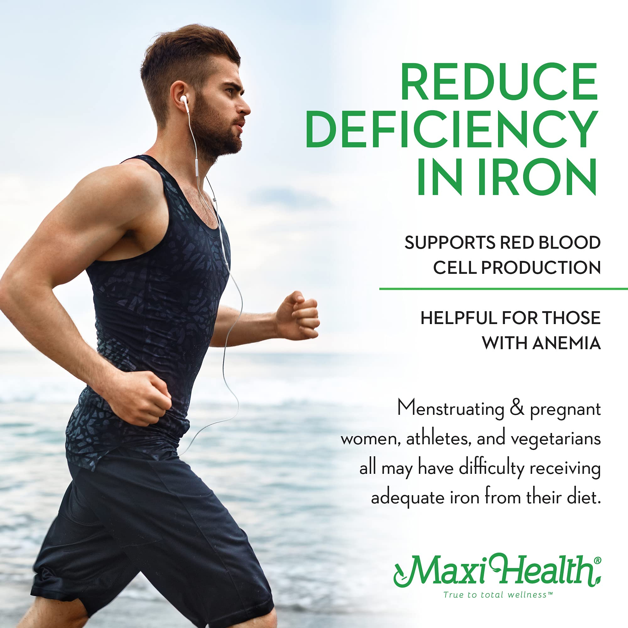 Maxi Health Liquid Iron berry bottle emphasizes high potency and quick uptake.