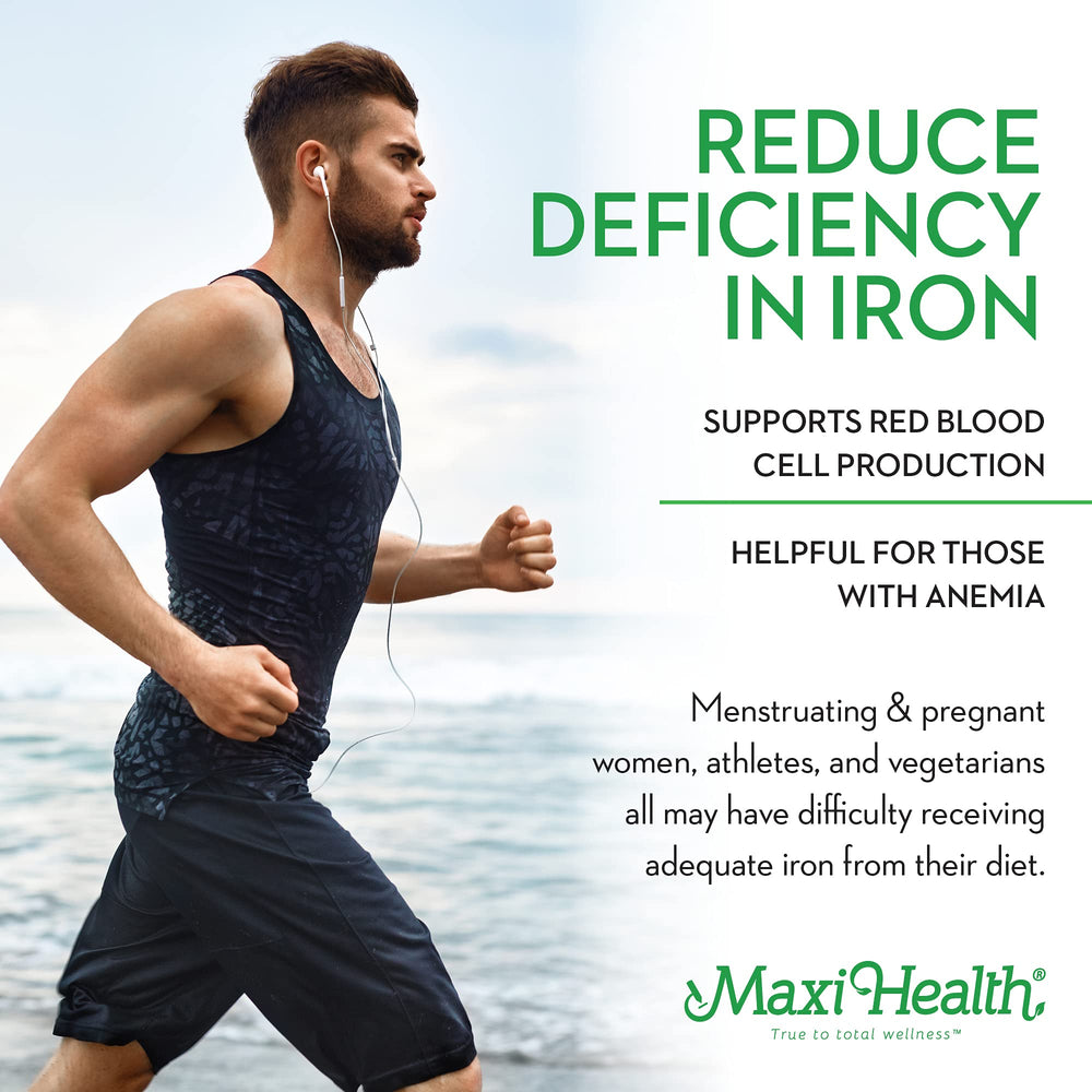Maxi Health Liquid Iron berry bottle emphasizes high potency and quick uptake.