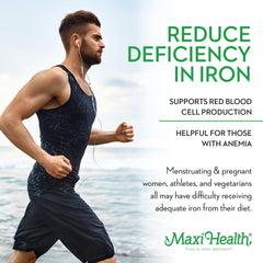Maxi Health Liquid Iron berry bottle emphasizes high potency and quick uptake.