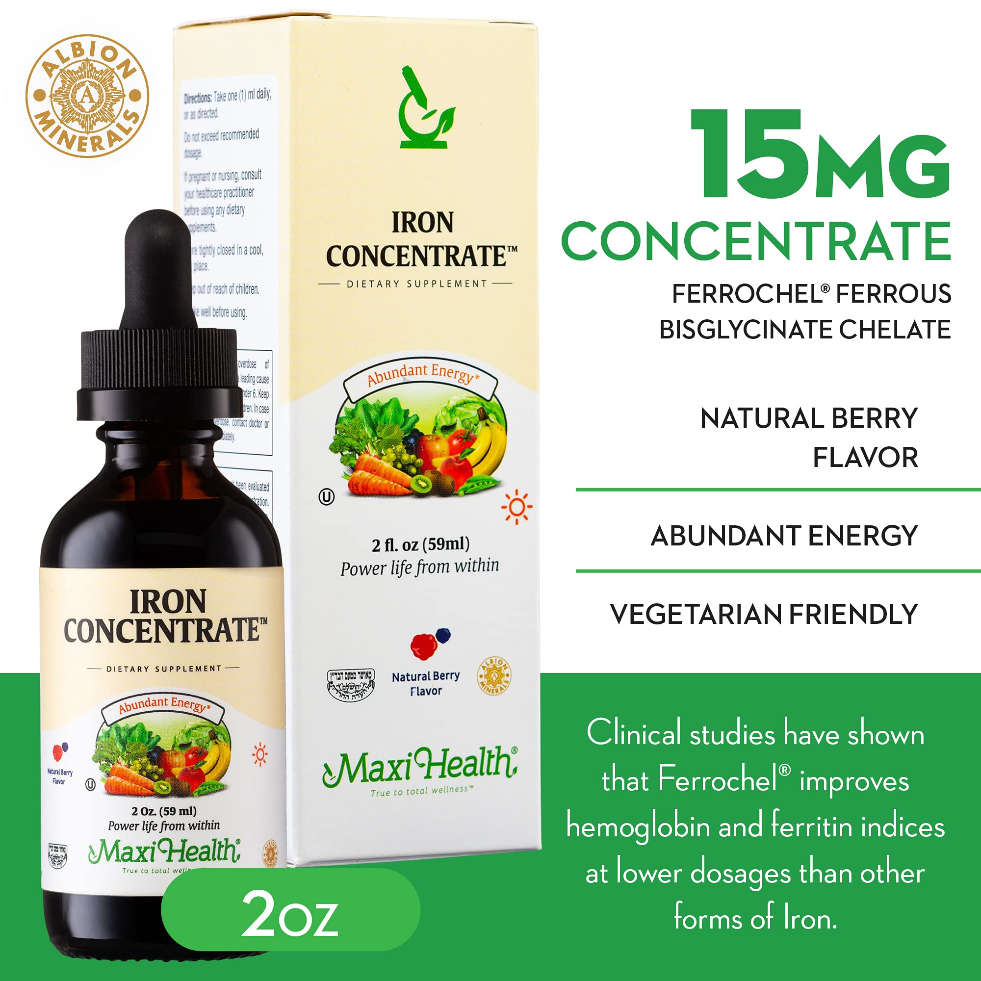 Maxi Health Liquid Iron berry dropper highlights precise serving for gentle absorption.
