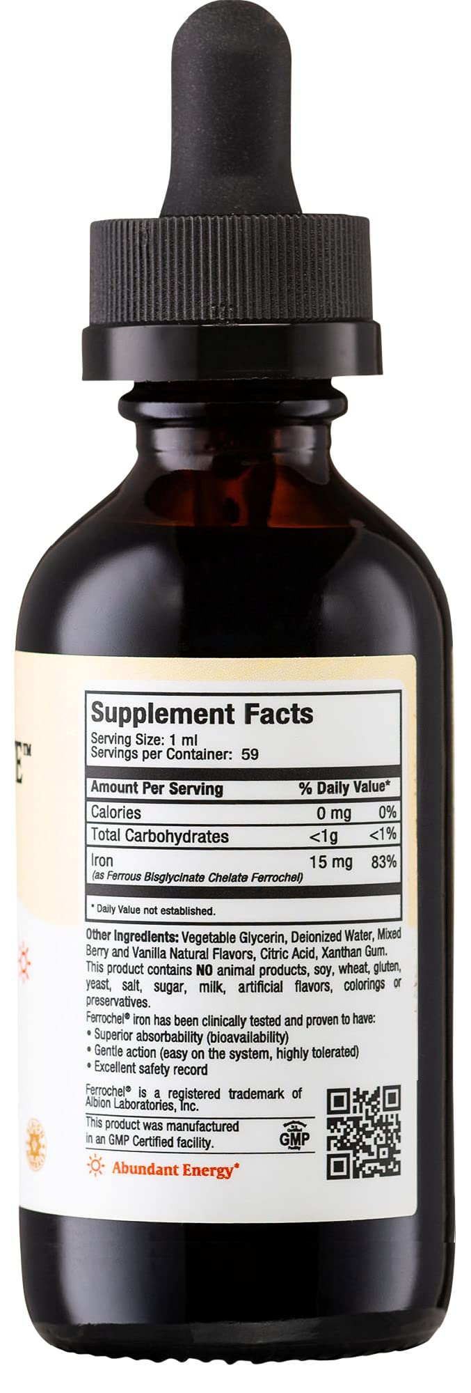 Maxi Health Liquid Iron berry label highlights vegetarian, non GMO ingredients.