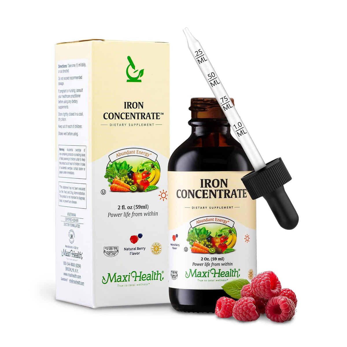 Maxi Health Liquid Iron berry pour shows easy dosing for comfortable iron support.