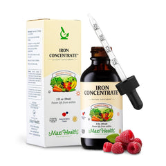 Maxi Health Liquid Iron berry pour shows easy dosing for comfortable iron support.