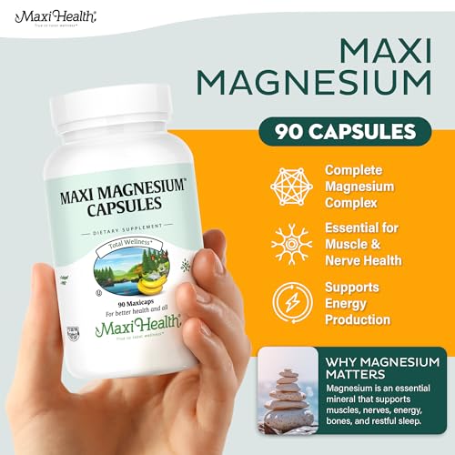 Capsules of Maxi Health Magnesium Complex promote muscle and nerve function.