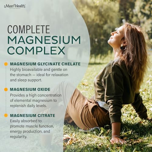 Label on Maxi Health Magnesium Complex with ingredients and certifications.