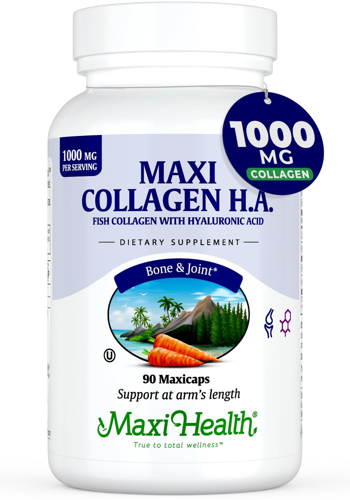 Maxi Health Marine Collagen pills bottle—joint support and skin hydration in unflavored capsules