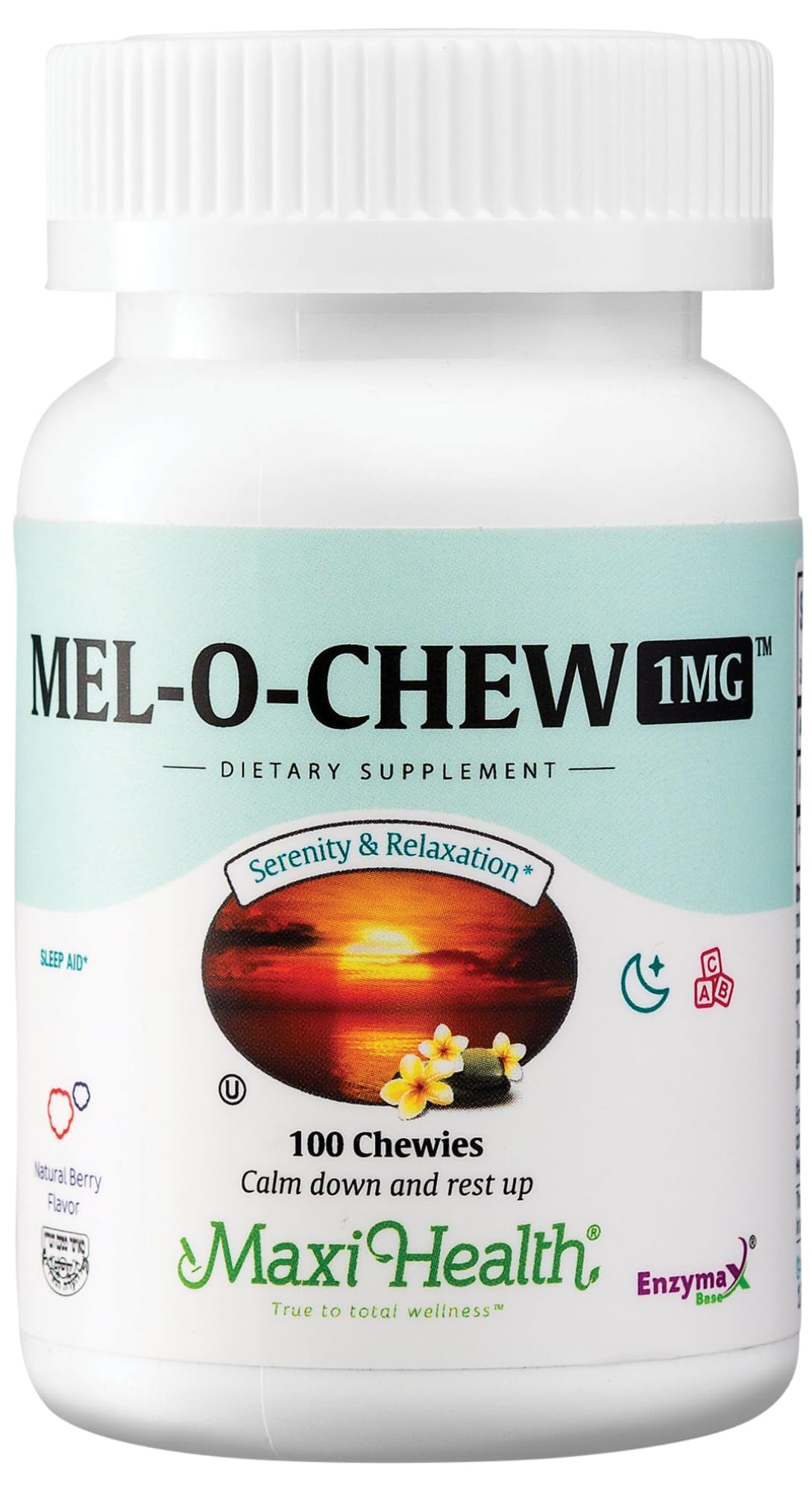 Maxi Health Mel-O-Chew 1mg tablet showing quick sleep support concept.