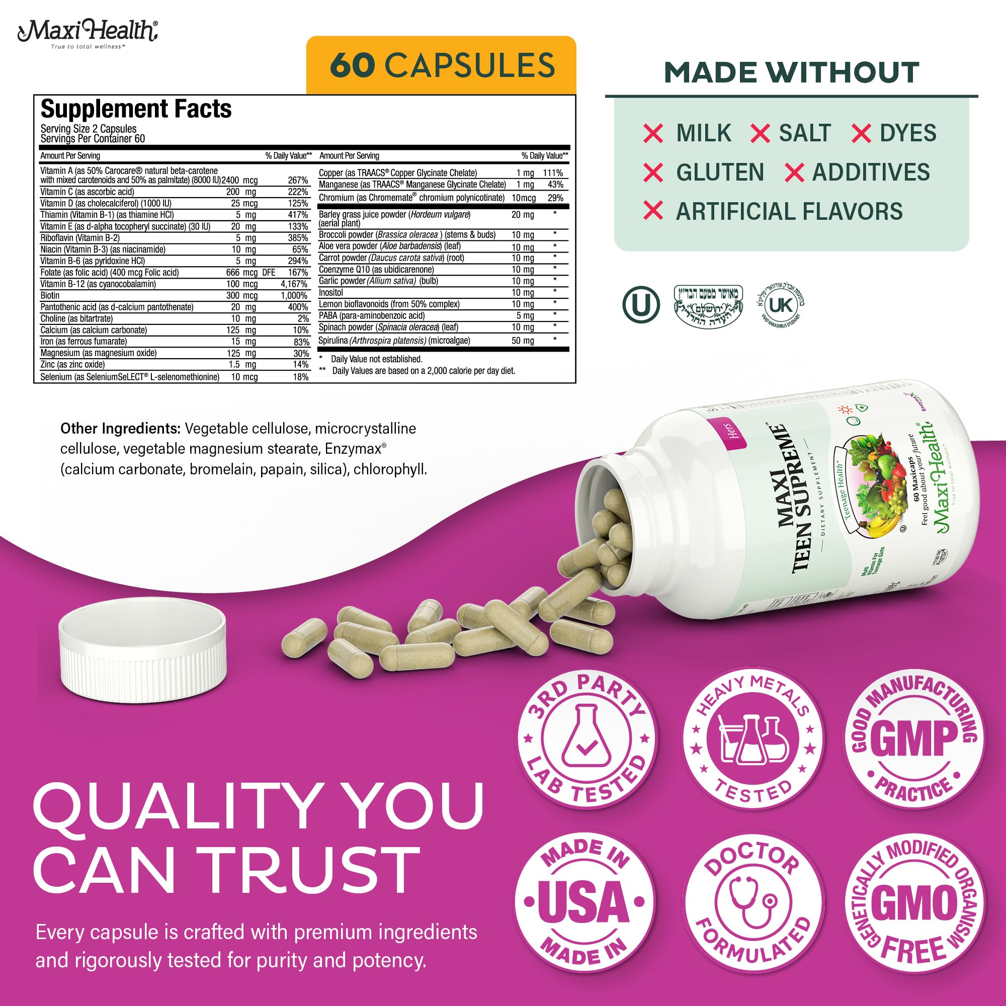 Maxi Health Mood support nutrients aid teens during busy days.