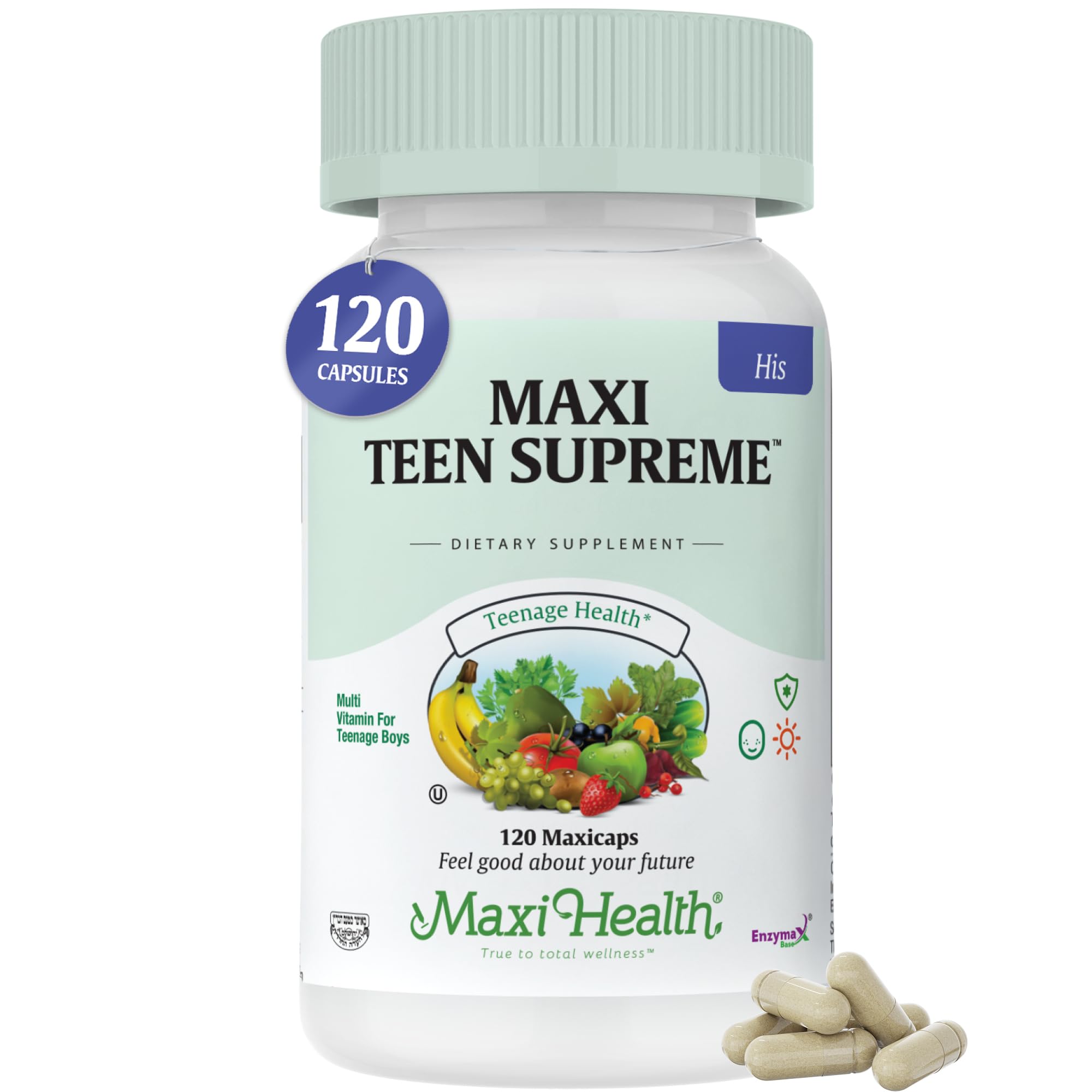 Maxi Health Teen Multivitamin for Him bottle showing all-in-one nutrients for teen growth