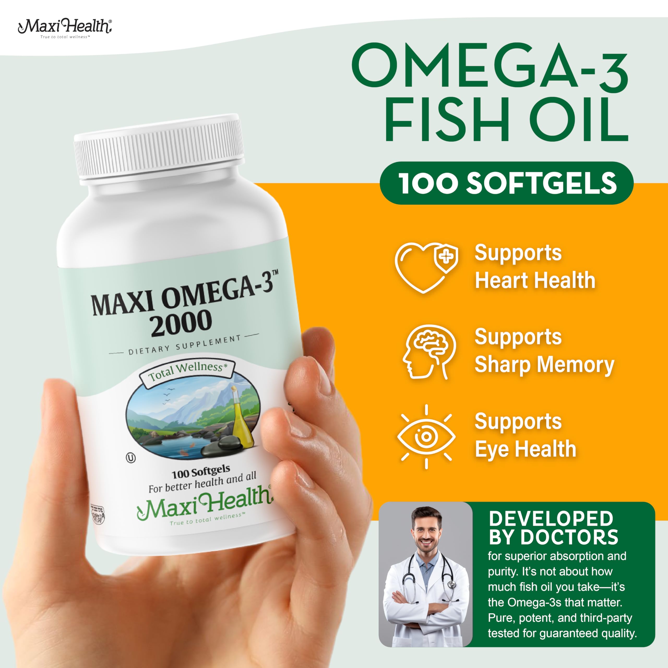 Maxi Health Omega 3 2000mg bottle back shows nutrition facts and sourcing.