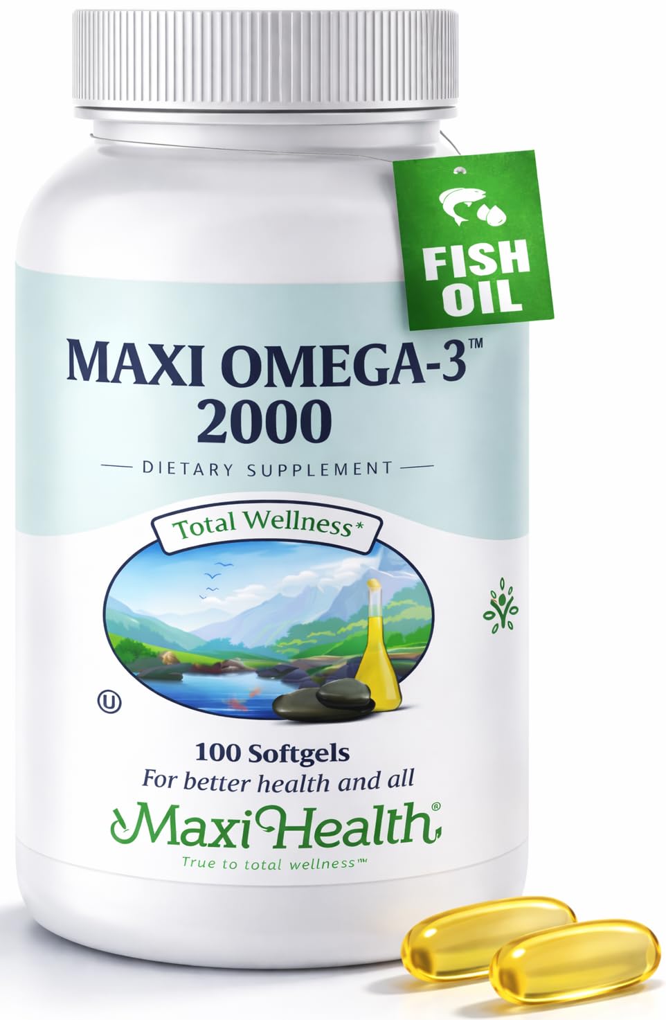 Maxi Health Omega 3 2000mg bottle front view for daily wellness.