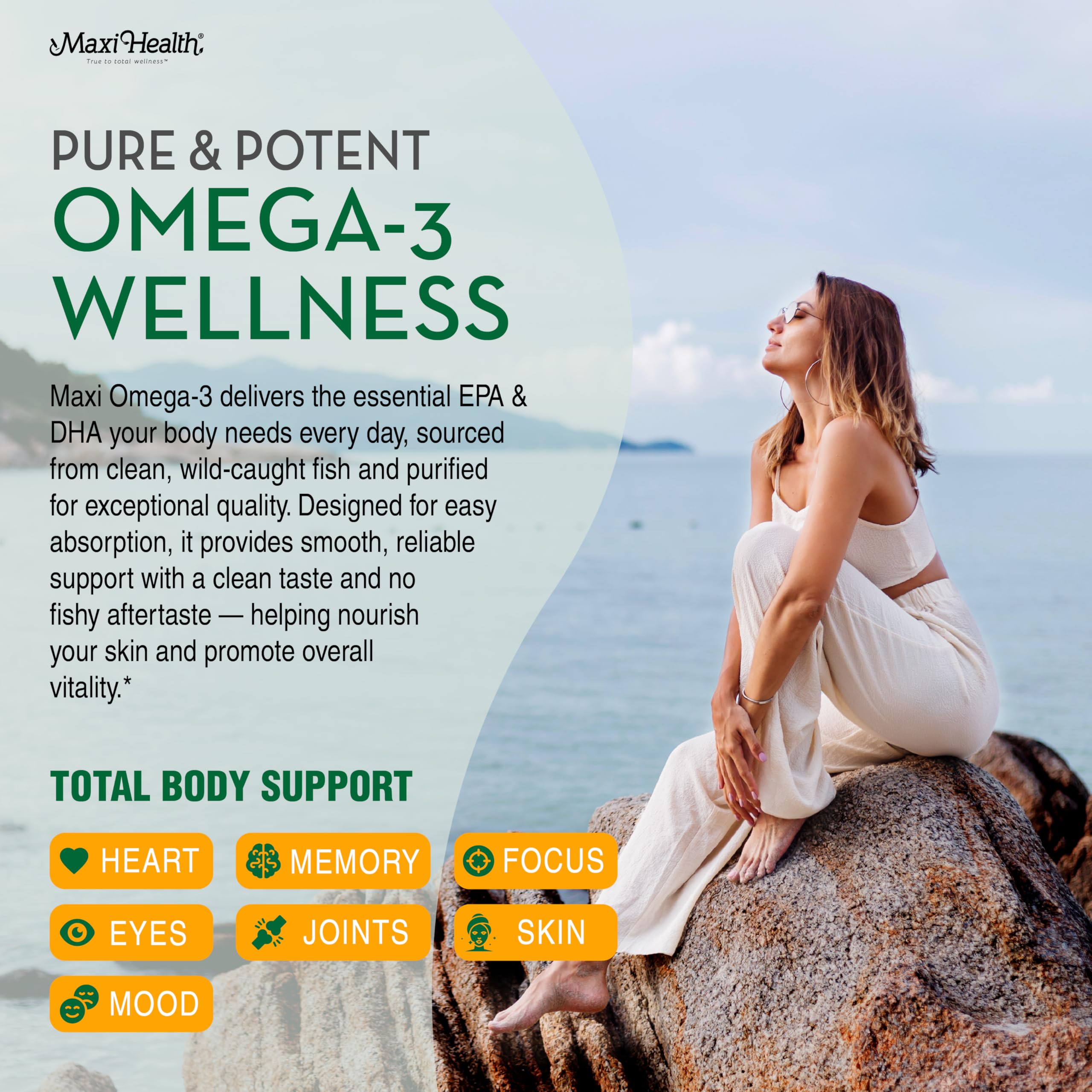 Maxi Health Omega 3 2000mg softgels closeup highlighting burpless no fishy aftertaste.