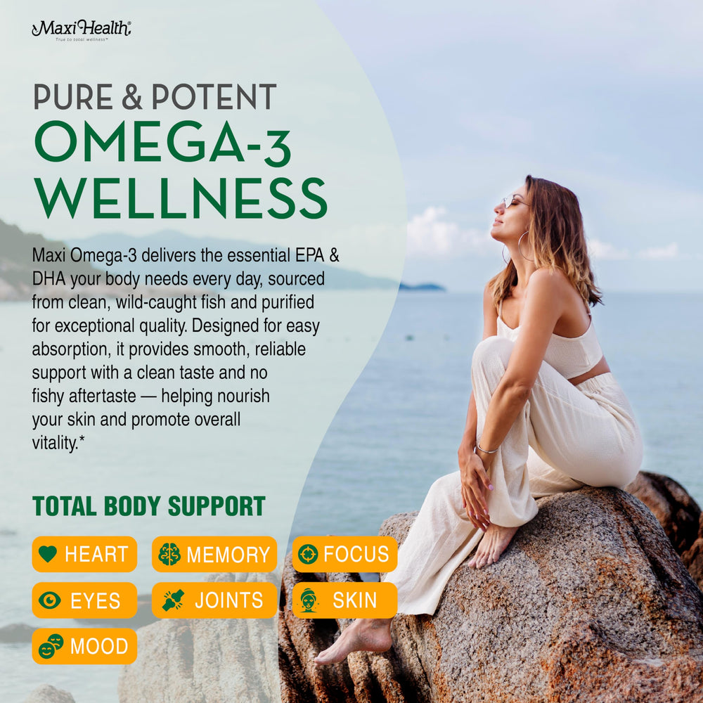 Maxi Health Omega 3 2000mg softgels closeup highlighting burpless no fishy aftertaste.