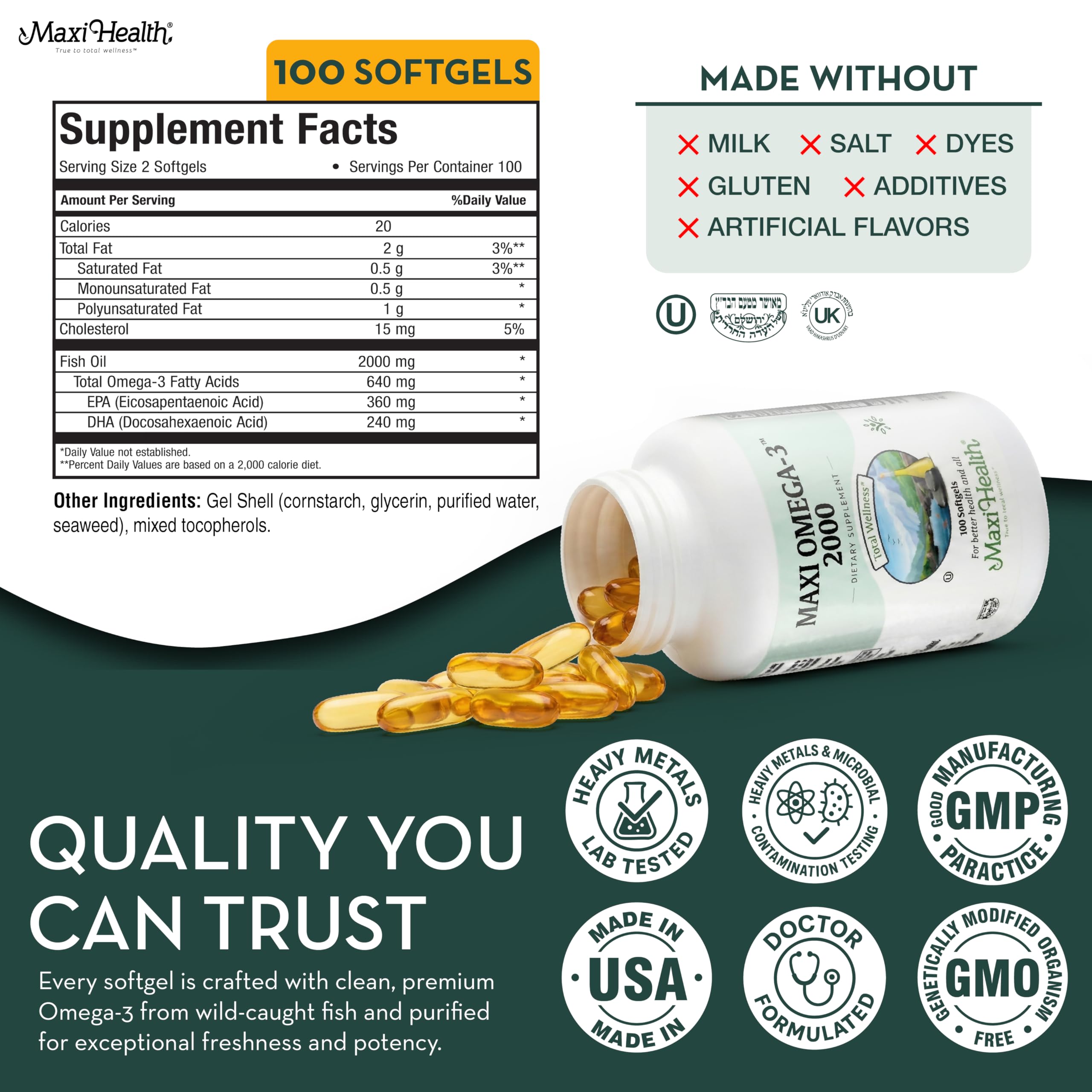 Maxi Health Omega 3 2000mg sustainably sourced from wild-caught fish.