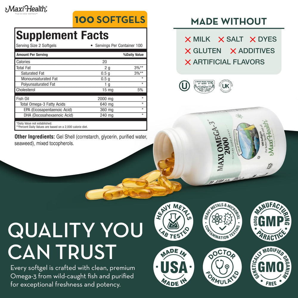 Maxi Health Omega 3 2000mg sustainably sourced from wild-caught fish.