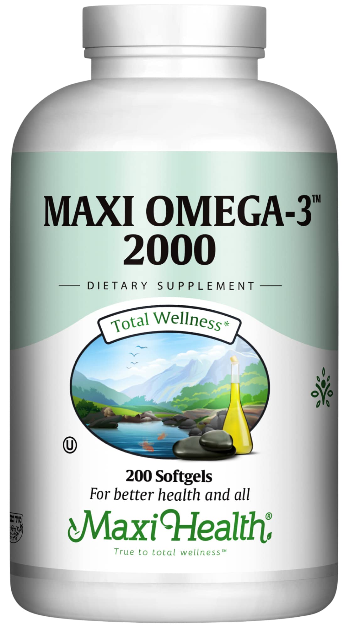 Maxi Health Omega-3 bottle label with 2000mg serving for heart and brain support