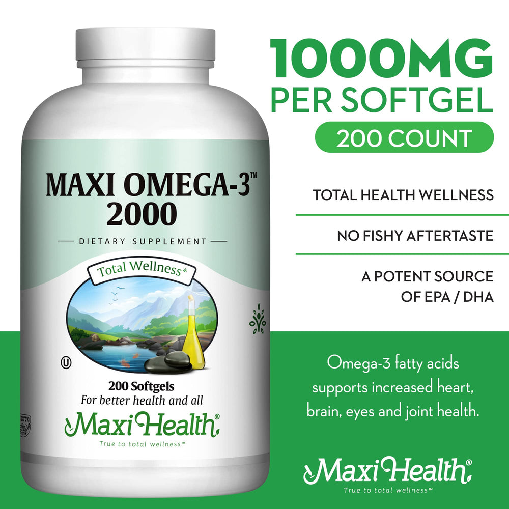 Maxi Health Omega-3 softgels close-up showing small vegetable-based capsules