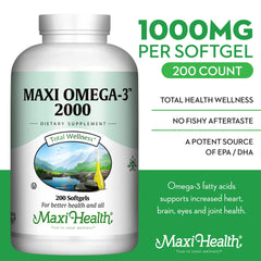 Maxi Health Omega-3 softgels close-up showing small vegetable-based capsules