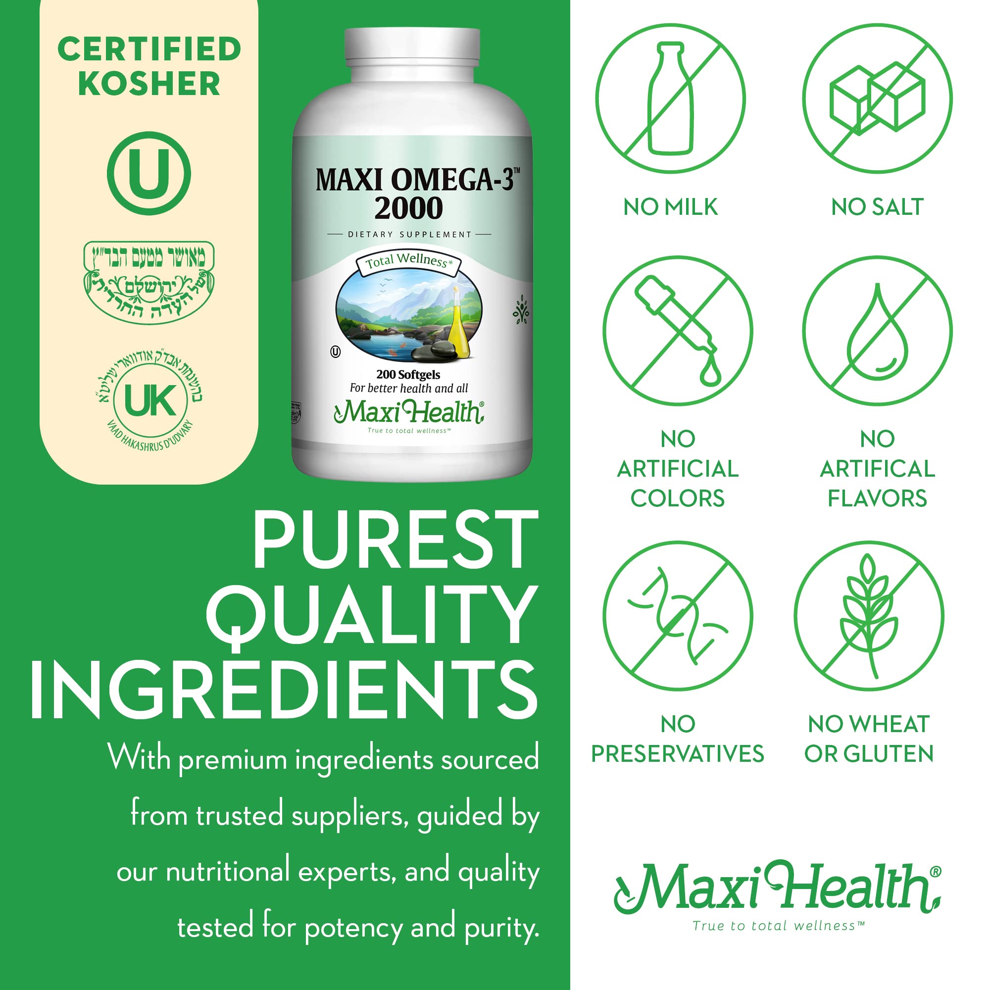Maxi Health Omega-3 USA-made facility badge indicates trusted production since 1974