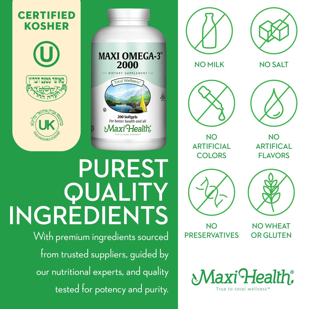 Maxi Health Omega-3 USA-made facility badge indicates trusted production since 1974
