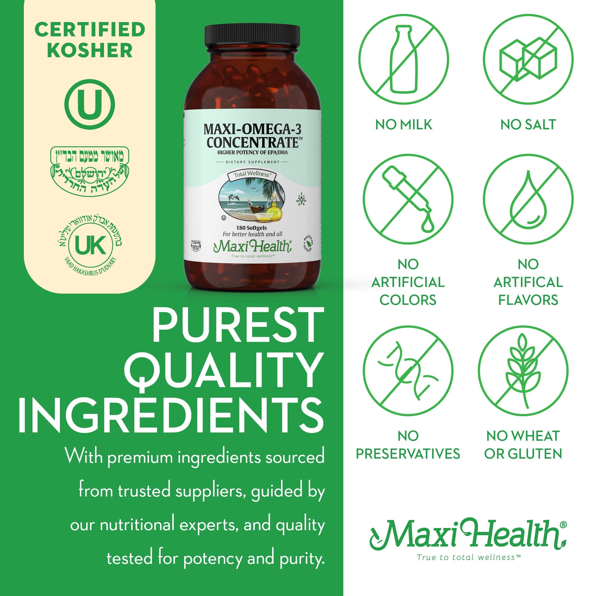 Maxi Health Omega-3 kosher certification seal emphasizes quality and purity