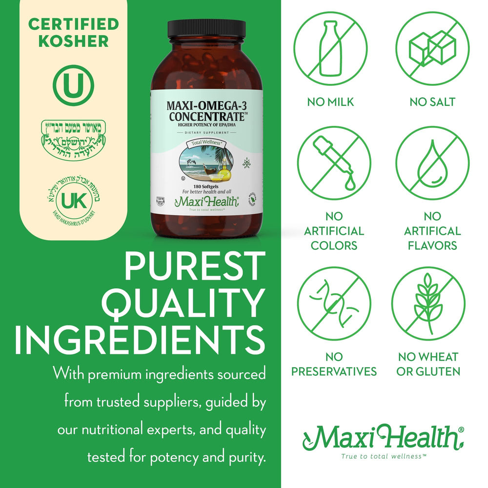 Maxi Health Omega-3 kosher certification seal emphasizes quality and purity