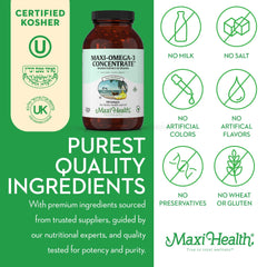Maxi Health Omega-3 kosher certification seal emphasizes quality and purity