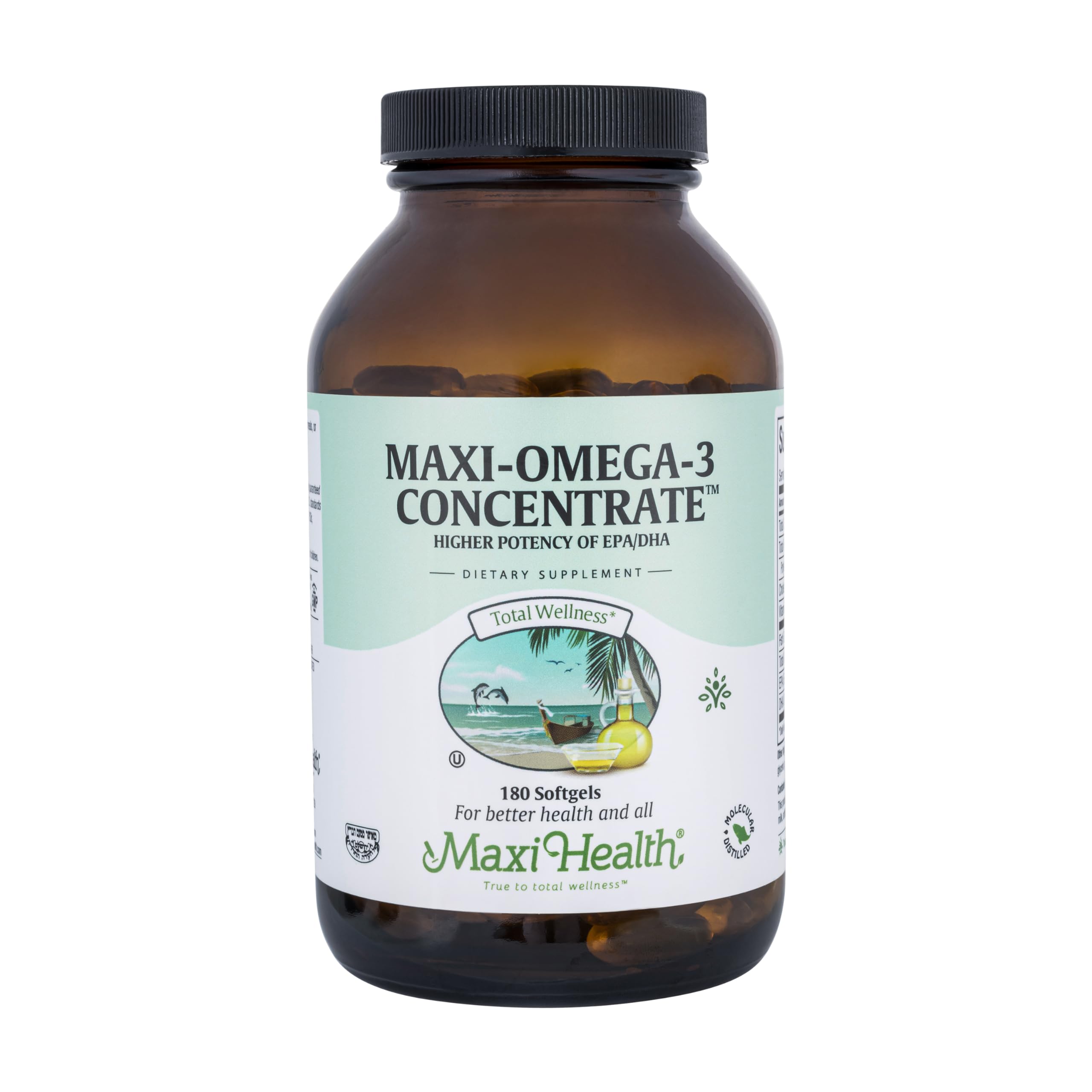 Maxi Health Omega-3 triple-strength bottle front signaling heart and brain support