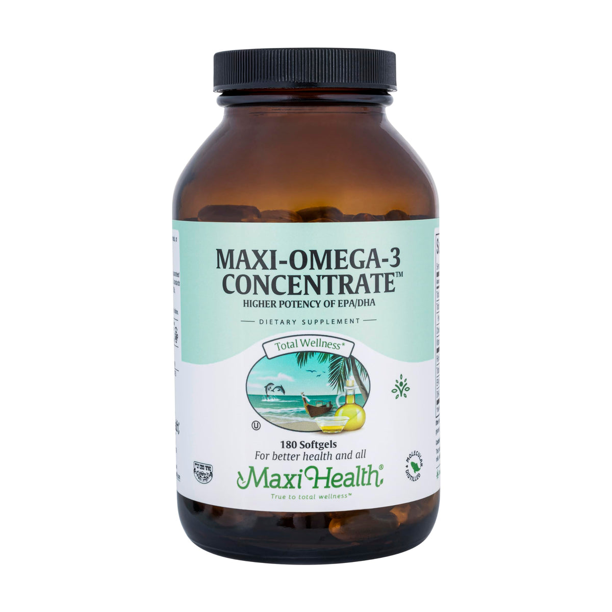 Maxi Health Omega-3 triple-strength bottle front signaling heart and brain support