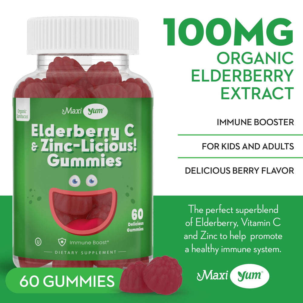 Maxi Health Organic Sambucus elderberry extract bottle with natural ingredients.