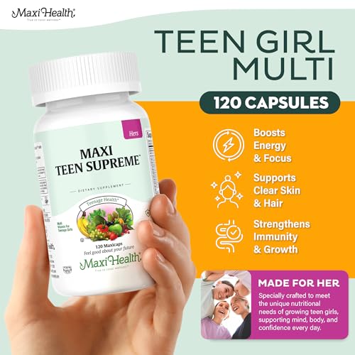 Maxi Health Teen Multivitamin label close-up highlights D3, iron, and calcium for growth.