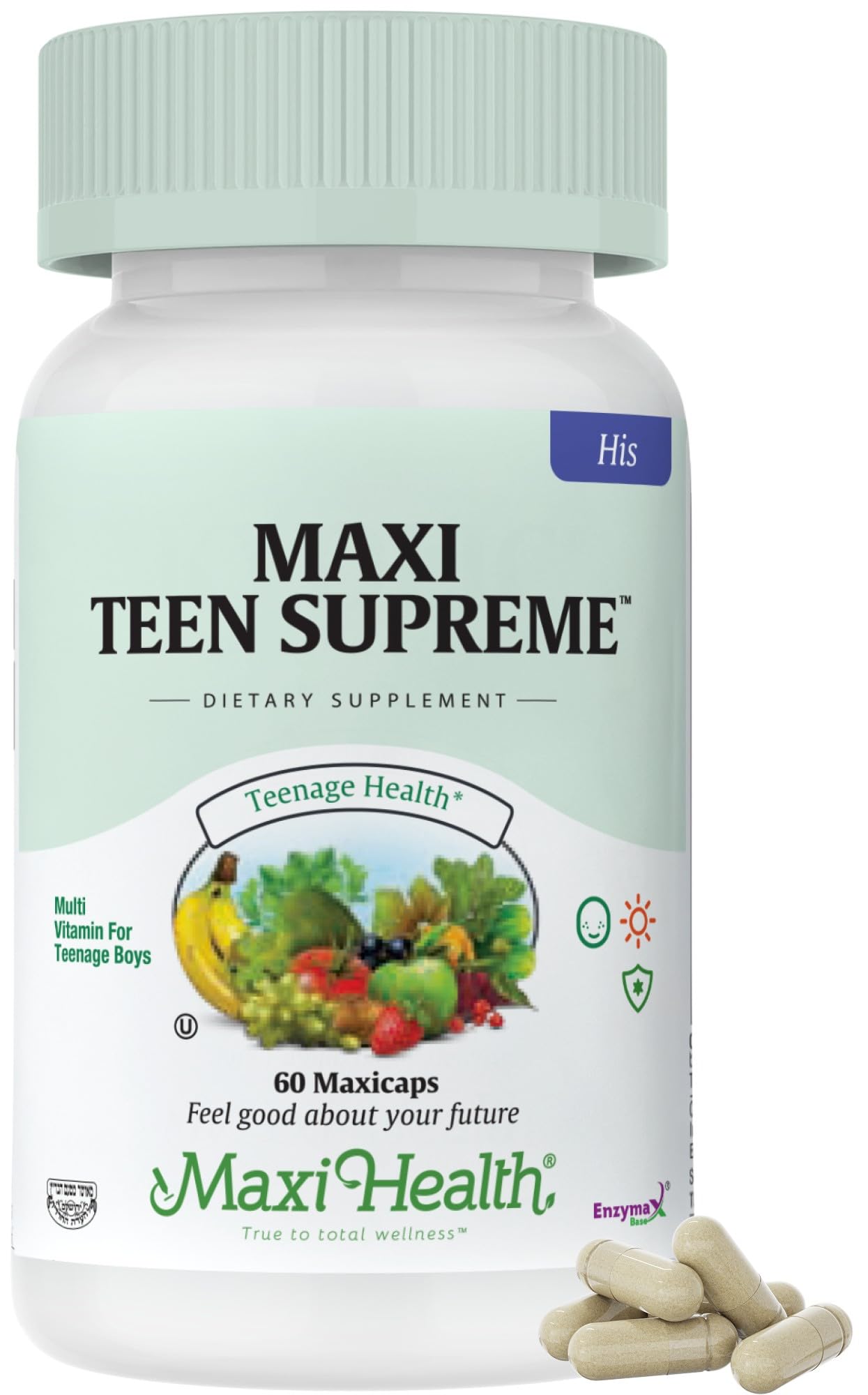 Maxi Health Teen Vitamins bottle shows 32 nutrients for growth and daily energy