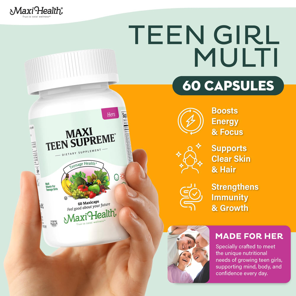 Maxi Health Teen Vitamins with D3, iron, and calcium for energy and bone health.