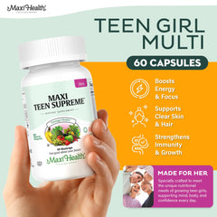 Maxi Health Teen Vitamins with D3, iron, and calcium for energy and bone health.