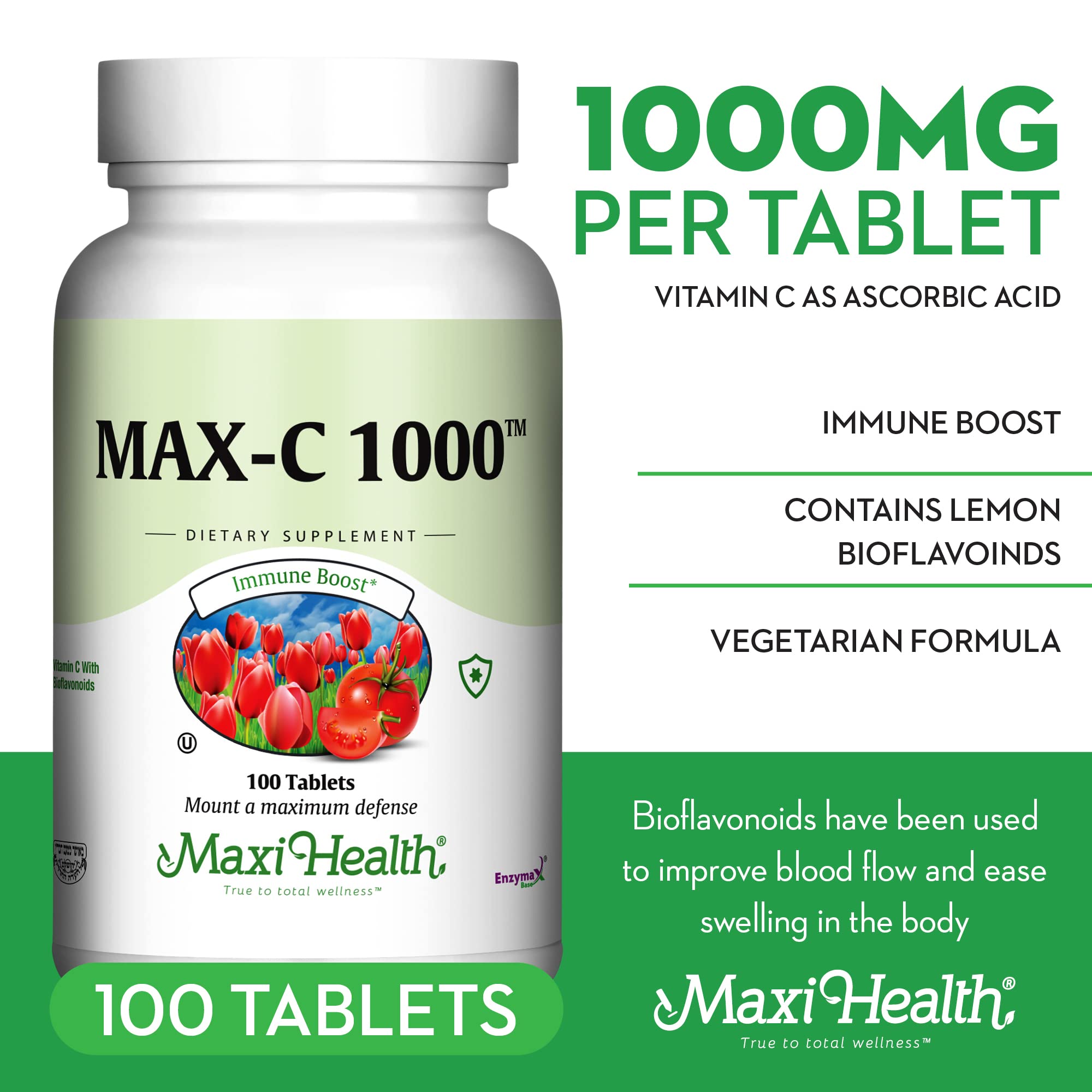 Maxi Health VIT C Enzymax formula packaging emphasizing absorption support