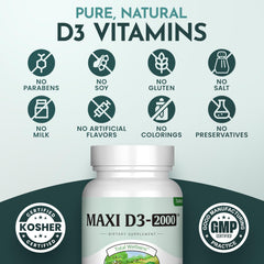 Maxi Health Vitamin D3 nutrition facts highlighting 2000IU dose.