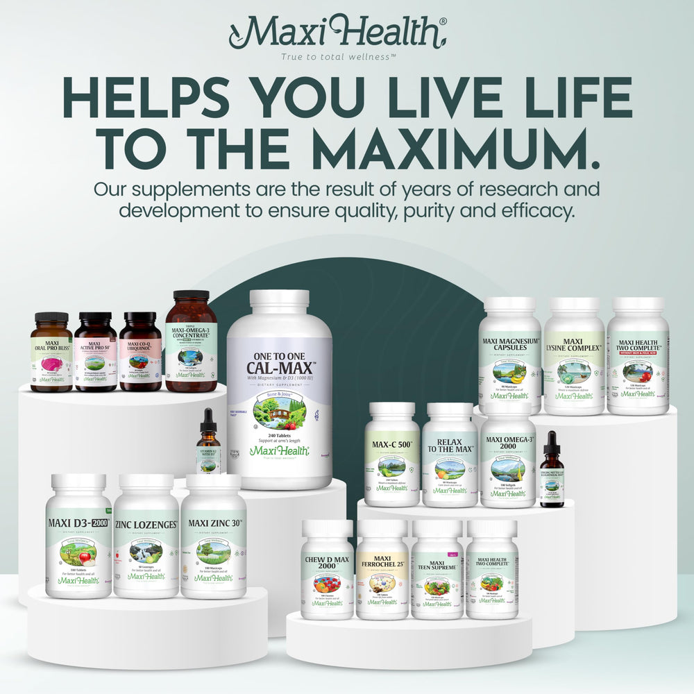 Maxi Health Vitamin D3 packaging in a kitchen scene for routine wellness.